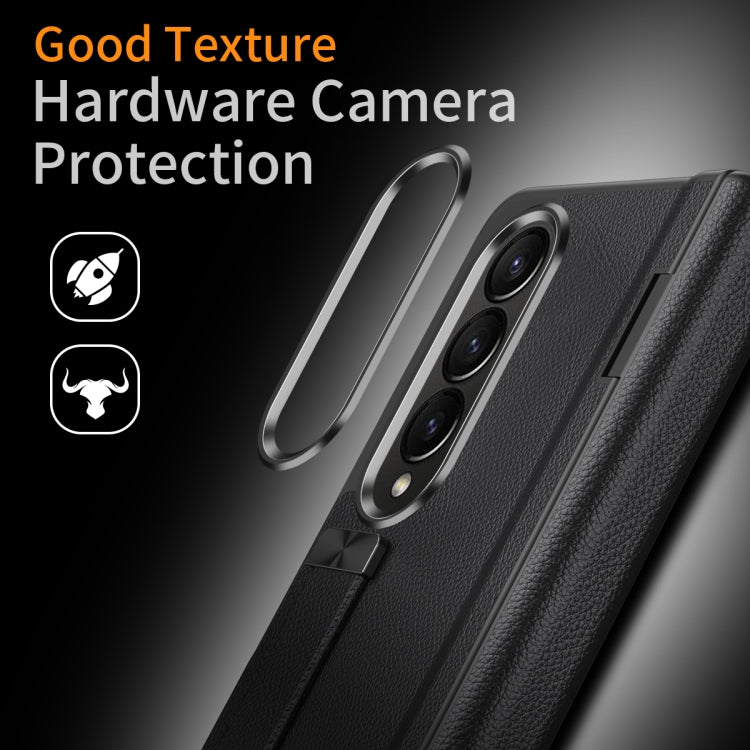 For Samsung Galaxy Z Fold4 Wristband Holder Grain Leather Folding Phone Case(Black) - Galaxy Z Fold4 5G Cases by buy2fix | Online Shopping UK | buy2fix