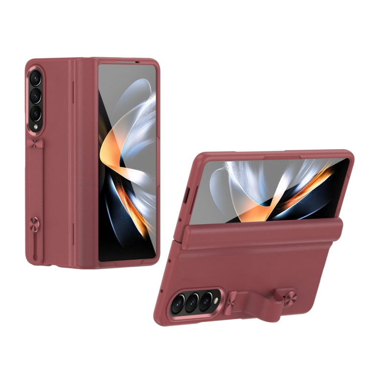 For Samsung Galaxy Z Fold4 Wristband Holder Grain Leather Folding Phone Case(Red) - Galaxy Z Fold4 5G Cases by buy2fix | Online Shopping UK | buy2fix