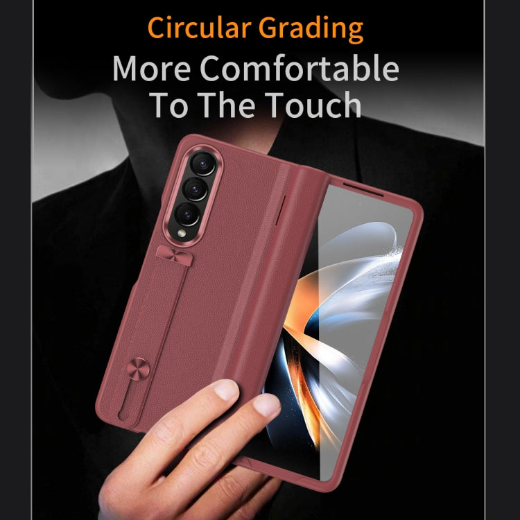 For Samsung Galaxy Z Fold4 Wristband Holder Grain Leather Folding Phone Case(Red) - Galaxy Z Fold4 5G Cases by buy2fix | Online Shopping UK | buy2fix