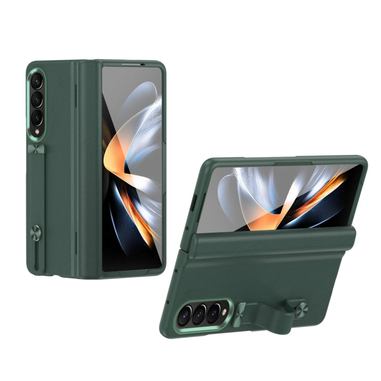For Samsung Galaxy Z Fold4 Wristband Holder Grain Leather Folding Phone Case(Green) - Galaxy Z Fold4 5G Cases by buy2fix | Online Shopping UK | buy2fix