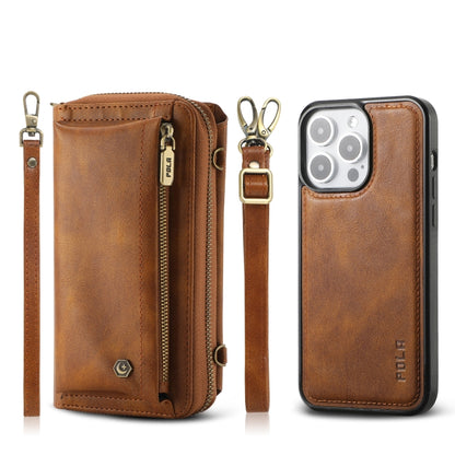 For iPhone 15 Pro Max Crossbody Multi-functional Zipper Wallet Leather Phone Case(Brown) - iPhone 15 Pro Max Cases by buy2fix | Online Shopping UK | buy2fix