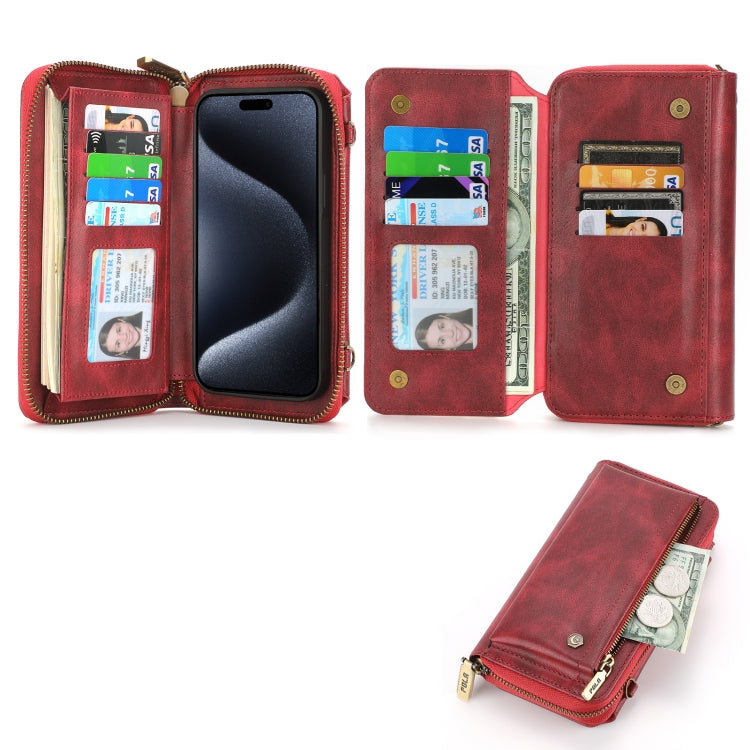 For iPhone 15 Pro Crossbody Multi-functional Zipper Wallet Leather Phone Case(Red) - iPhone 15 Pro Cases by buy2fix | Online Shopping UK | buy2fix