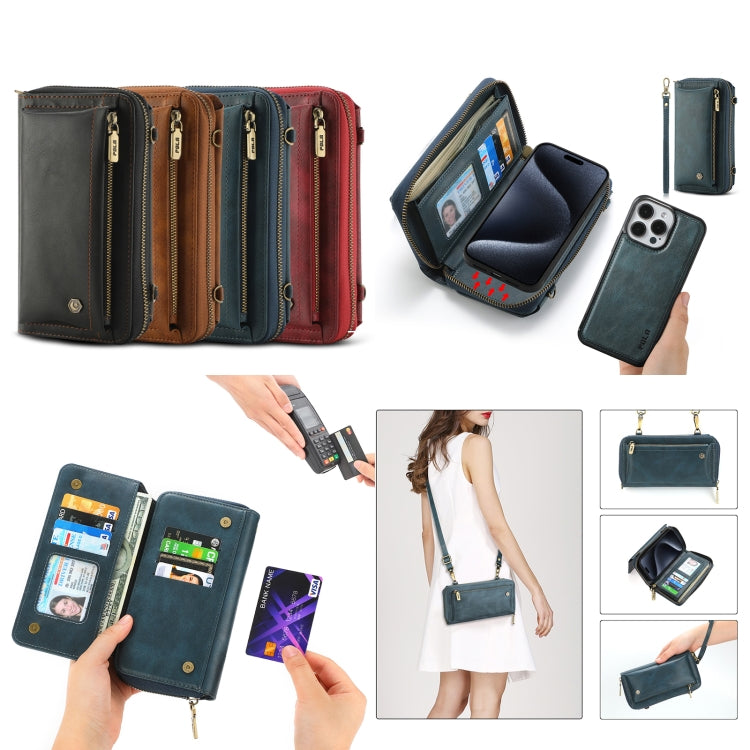 For iPhone 15 Pro Crossbody Multi-functional Zipper Wallet Leather Phone Case(Red) - iPhone 15 Pro Cases by buy2fix | Online Shopping UK | buy2fix