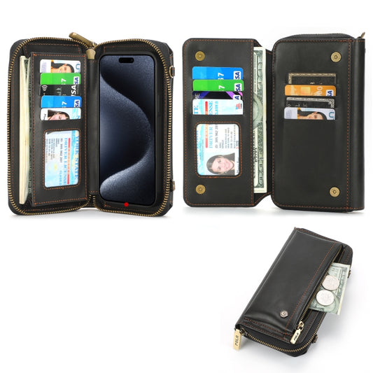 For iPhone 15 Pro Crossbody Multi-functional Zipper Wallet Leather Phone Case(Black) - iPhone 15 Pro Cases by buy2fix | Online Shopping UK | buy2fix