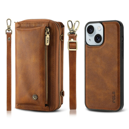 For iPhone 15 Crossbody Multi-functional Zipper Wallet Leather Phone Case(Brown) - iPhone 15 Cases by buy2fix | Online Shopping UK | buy2fix