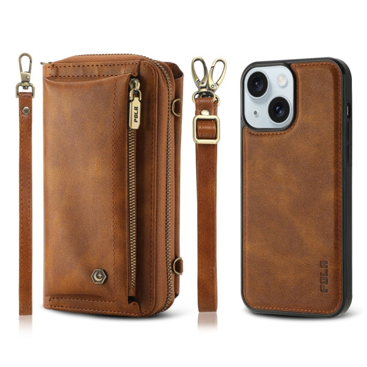 For iPhone 15 Crossbody Multi-functional Zipper Wallet Leather Phone Case(Brown) - iPhone 15 Cases by buy2fix | Online Shopping UK | buy2fix