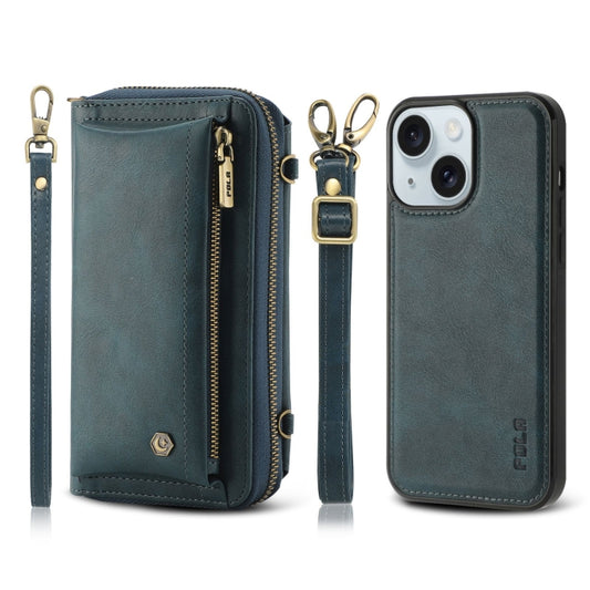 For iPhone 15 Crossbody Multi-functional Zipper Wallet Leather Phone Case(Green) - iPhone 15 Cases by buy2fix | Online Shopping UK | buy2fix