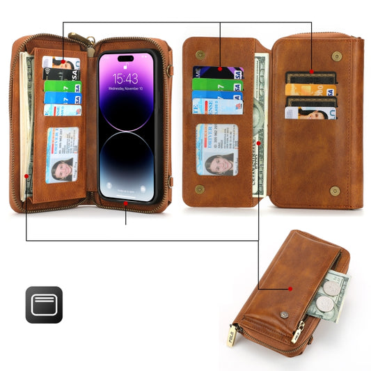 For iPhone 14 Plus Crossbody Multi-functional Zipper Wallet Leather Phone Case(Brown) - iPhone 14 Plus Cases by buy2fix | Online Shopping UK | buy2fix
