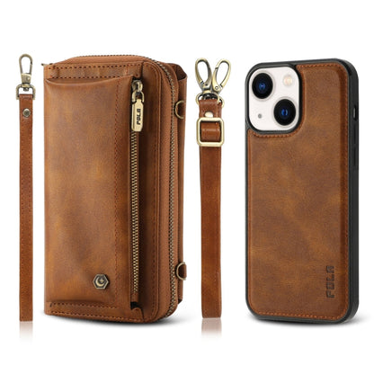 For iPhone 14 Crossbody Multi-functional Zipper Wallet Leather Phone Case(Brown) - iPhone 14 Cases by buy2fix | Online Shopping UK | buy2fix