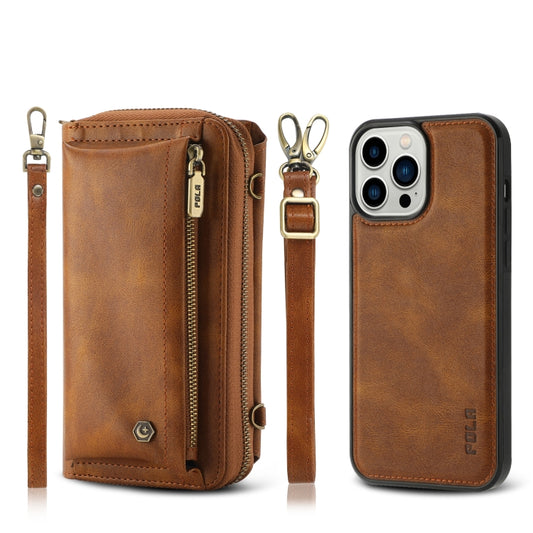 For iPhone 13 Pro Max Crossbody Multi-functional Zipper Wallet Leather Phone Case(Brown) - iPhone 13 Pro Max Cases by buy2fix | Online Shopping UK | buy2fix