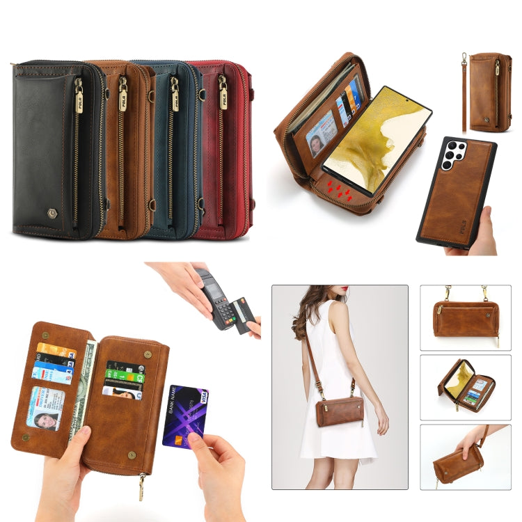 For Samsung Galaxy S22+ 5G Crossbody Multi-functional Zipper Wallet Leather Phone Case(Brown) - Galaxy S22+ 5G Cases by buy2fix | Online Shopping UK | buy2fix