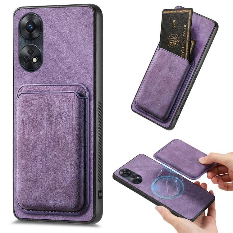 For OPPO Reno8 T 4G Retro Leather Card Bag Magnetic Phone Case(Purple) by buy2fix