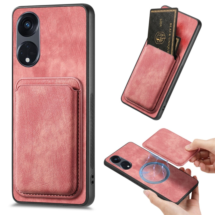 For OPPO Reno8 T 5G Retro Leather Card Bag Magnetic Phone Case(Pink) by buy2fix