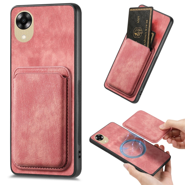 For OPPO A17K Retro Leather Card Bag Magnetic Phone Case(Pink) by buy2fix
