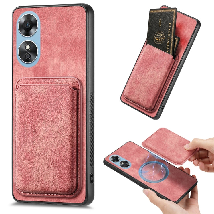 For OPPO A17 Retro Leather Card Bag Magnetic Phone Case(Pink) by buy2fix