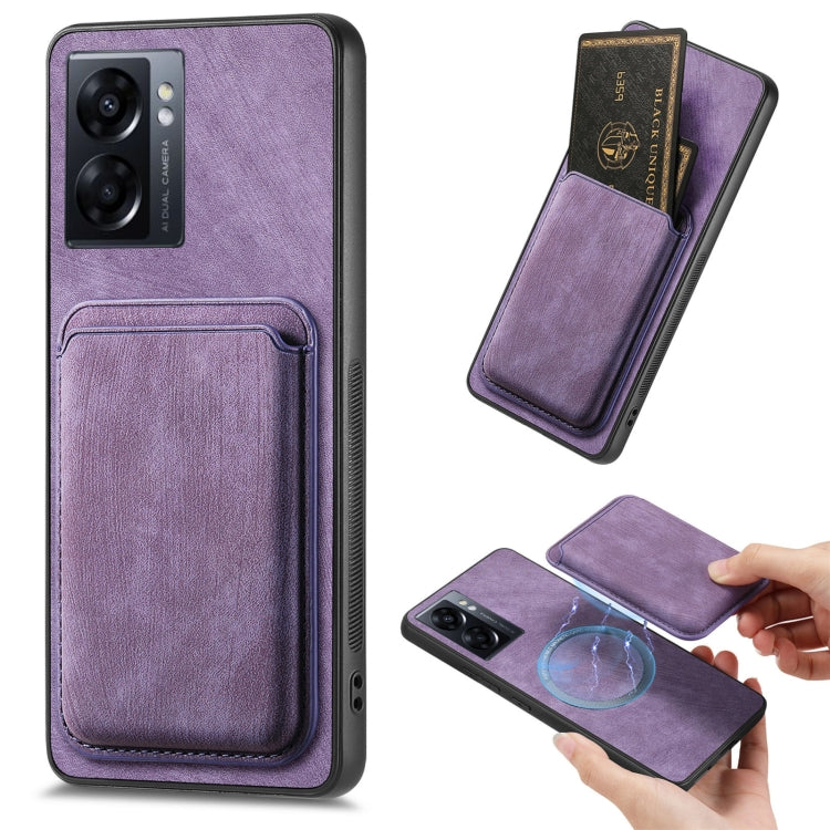 For OPPO A57 5G Retro Leather Card Bag Magnetic Phone Case(Purple) by buy2fix
