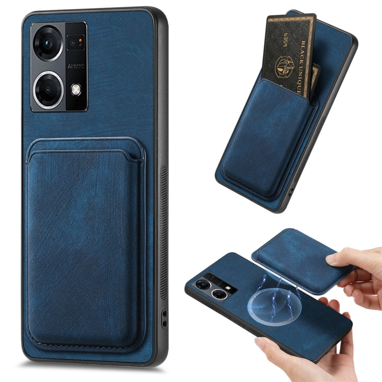 For OPPO Reno7 4G Retro Leather Card Bag Magnetic Phone Case(Blue) by buy2fix