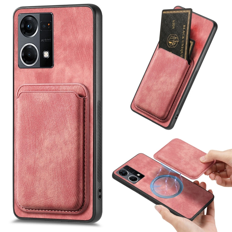 For OPPO Reno7 4G Retro Leather Card Bag Magnetic Phone Case(Pink) by buy2fix