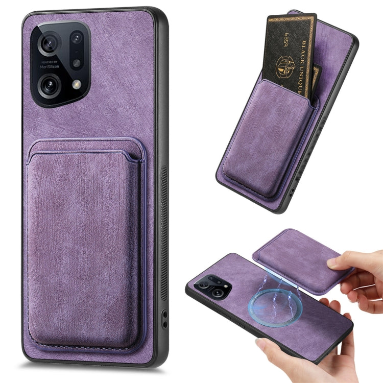 For OPPO Find X5 Retro Leather Card Bag Magnetic Phone Case(Purple) by buy2fix