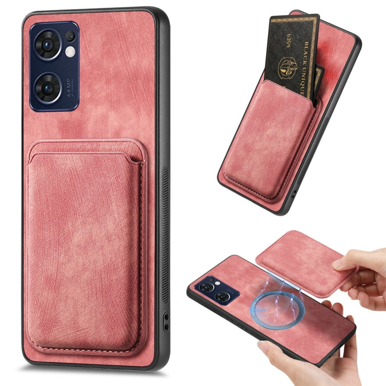 For OPPO Reno7 5G Retro Leather Card Bag Magnetic Phone Case(Pink) by buy2fix