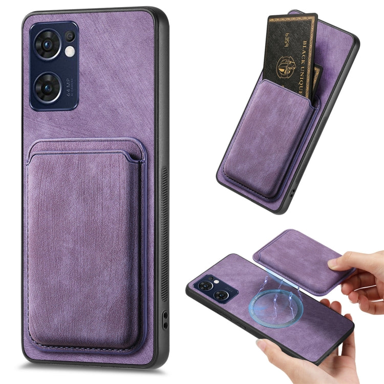 For OPPO Reno7 5G Retro Leather Card Bag Magnetic Phone Case(Purple) by buy2fix