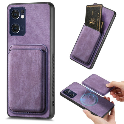 For OPPO Reno7 5G Retro Leather Card Bag Magnetic Phone Case(Purple) by buy2fix