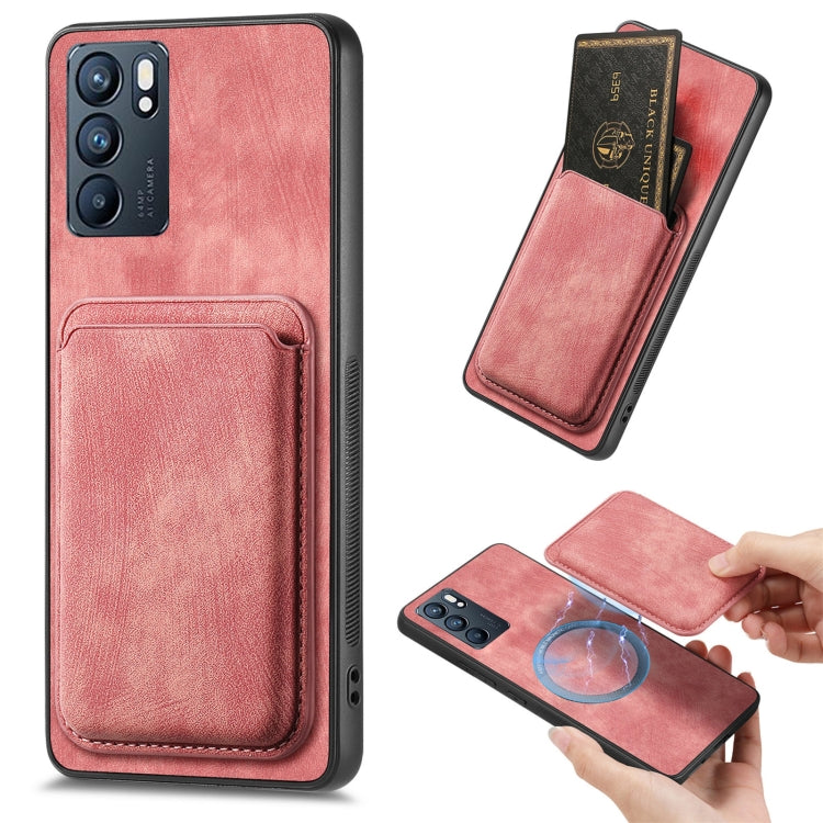 For OPPO Reno6 5G Retro Leather Card Bag Magnetic Phone Case(Pink) by buy2fix