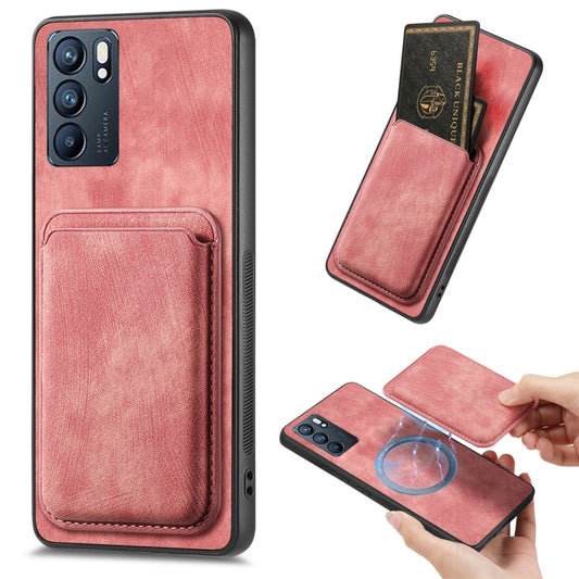 For OPPO Reno6 5G Retro Leather Card Bag Magnetic Phone Case(Pink) by buy2fix