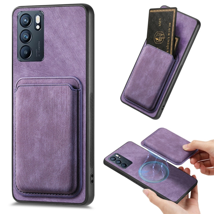 For OPPO Reno6 5G Retro Leather Card Bag Magnetic Phone Case(Purple) by buy2fix