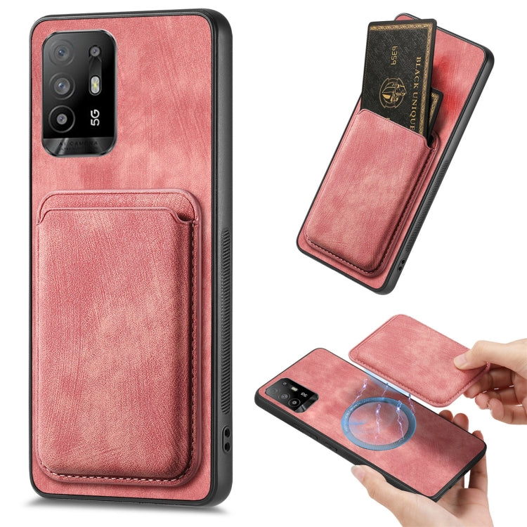 For OPPO F19 Pro+ Retro Leather Card Bag Magnetic Phone Case(Pink) by buy2fix