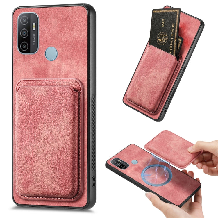 For OPPO A53 / A53S Retro Leather Card Bag Magnetic Phone Case(Pink) by buy2fix