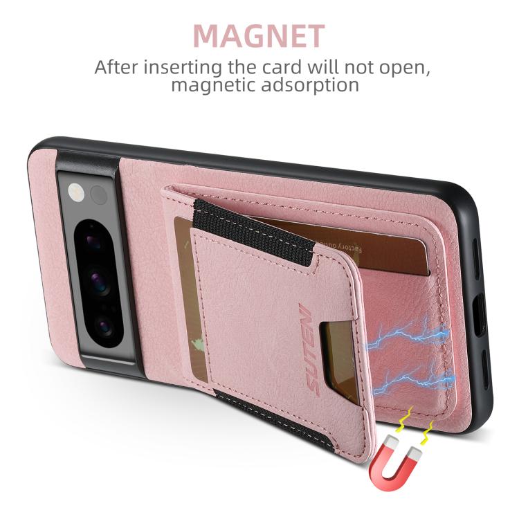 For Google Pixel 10 Pro XL Suteni H03 Litchi Leather Card Bag Stand Back Phone Case(Pink) - Google Cases by Suteni | Online Shopping UK | buy2fix