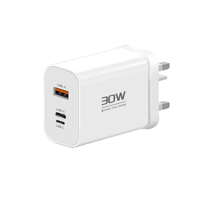 PD30W USB-C / Type-C + 8 Pin + USB-A Reverse Charger Suitable for iPhone Series(UK Plug) by buy2fix