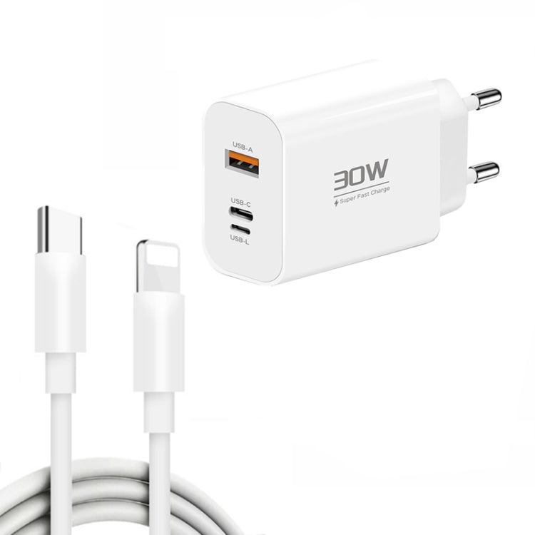 PD30W USB-C / Type-C + 8 Pin + USB Charger with Type-C to 8 Pin Date Cable(EU Plug) by buy2fix