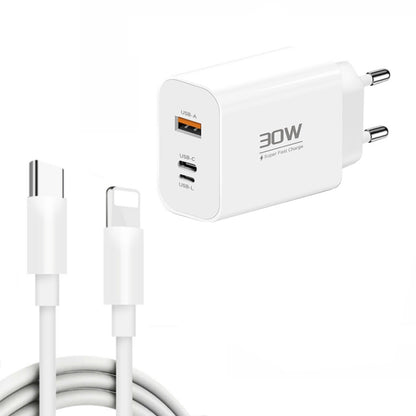 PD30W USB-C / Type-C + 8 Pin + USB Charger with Type-C to 8 Pin Date Cable(EU Plug) by buy2fix