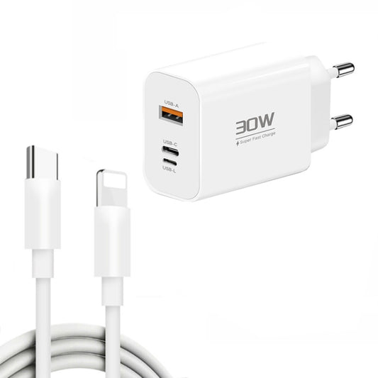 PD30W USB-C / Type-C + 8 Pin + USB Charger with Type-C to 8 Pin Date Cable(EU Plug) by buy2fix