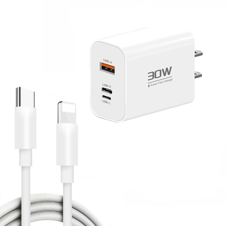 PD30W USB-C / Type-C + 8 Pin + USB Charger with Type-C to 8 Pin Date Cable(US Plug) by buy2fix