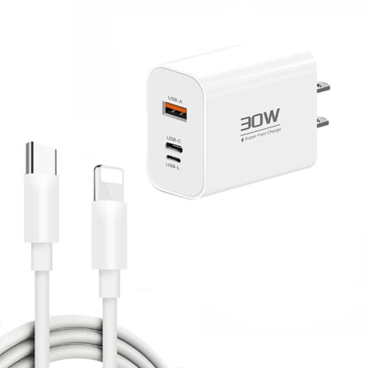 PD30W USB-C / Type-C + 8 Pin + USB Charger with Type-C to 8 Pin Date Cable(US Plug) by buy2fix