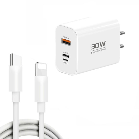 PD30W USB-C / Type-C + 8 Pin + USB Charger with Type-C to 8 Pin Date Cable(US Plug) by buy2fix
