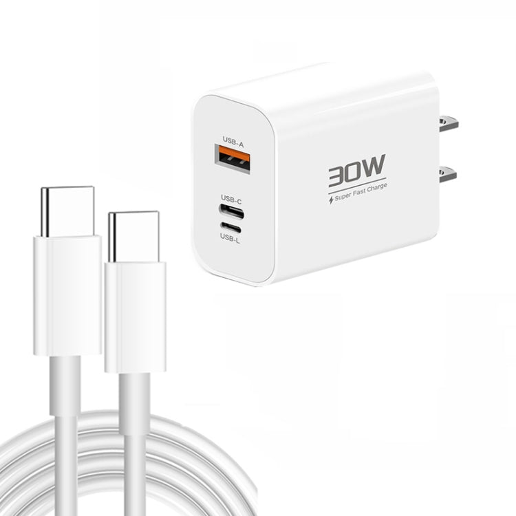 PD30W USB-C / Type-C + 8 Pin + USB Charger with Double Headed Type-C Data Cable(US Plug) by buy2fix