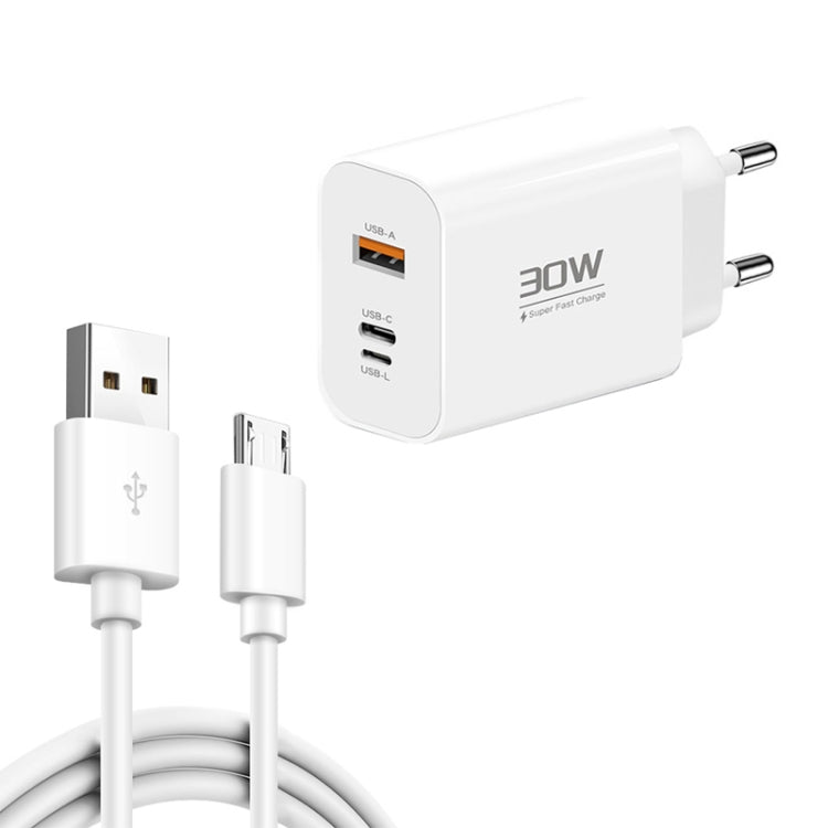 PD30W USB-C / Type-C + 8 Pin + USB Charger with USB to Micro USB Data Cable(EU Plug) by buy2fix