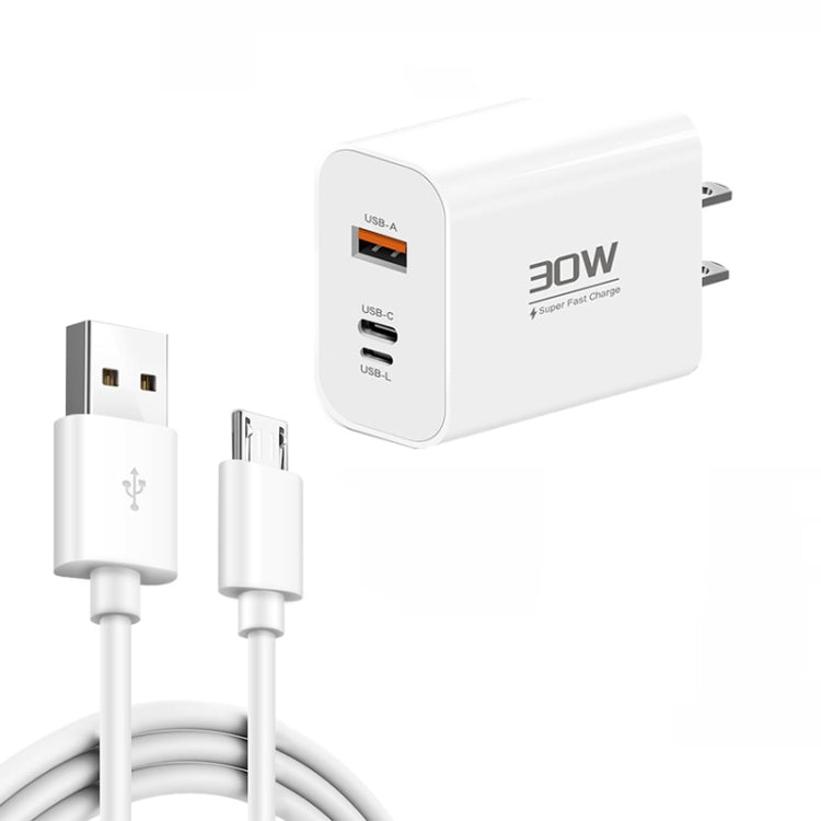 PD30W USB-C / Type-C + 8 Pin + USB Charger with USB to Micro USB Data Cable(US Plug) by buy2fix