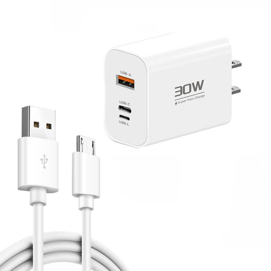 PD30W USB-C / Type-C + 8 Pin + USB Charger with USB to Micro USB Data Cable(US Plug) by buy2fix