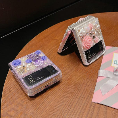 For Samsung Galaxy Z Flip4 Rose Hand-set Diamond PC Phone Case(Pink) by buy2fix