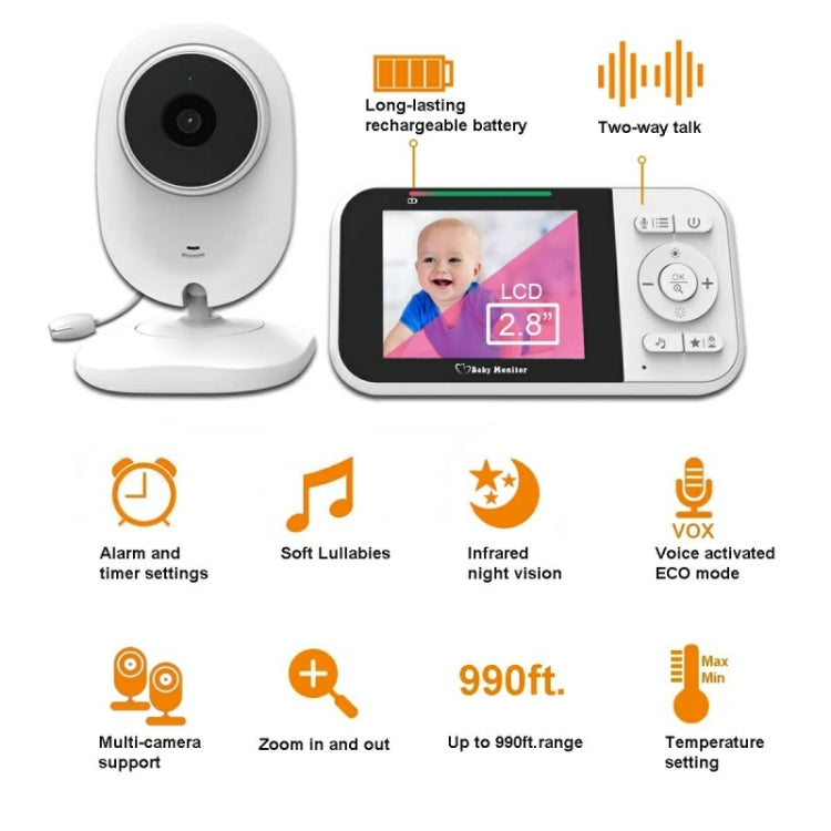 Temperature Detection 2 Way Voice Baby Security Video Camera 2.8-inch LCD Baby Monitor(EU Plug) by buy2fix