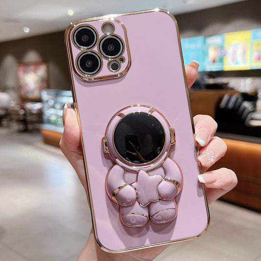 For iPhone 16 Pro Embrace Stars Electroplating Astronaut Holder Phone Case(Purple) by buy2fix