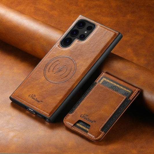 For Samsung Galaxy S25 Ultra 5G Suteni H17 Oil Eax Leather MagSafe Detachable Wallet Phone Case(Brown) - Galaxy S25 Ultra 5G Cases by Suteni | Online Shopping UK | buy2fix