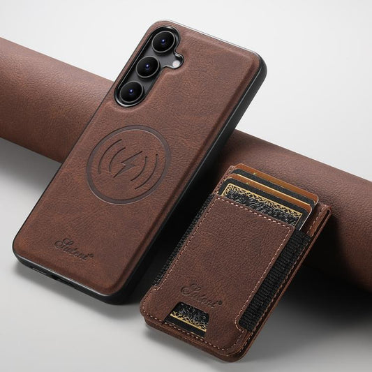 For Samsung Galaxy S25+ 5G Suteni H17 Litchi Texture Leather MagSafe Detachable Wallet Phone Case(Brown) - Galaxy S25+ 5G Cases by Suteni | Online Shopping UK | buy2fix