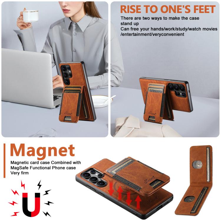 For Samsung Galaxy S25+ 5G Suteni H17 Litchi Texture Leather MagSafe Detachable Wallet Phone Case(Khaki) - Galaxy S25+ 5G Cases by Suteni | Online Shopping UK | buy2fix