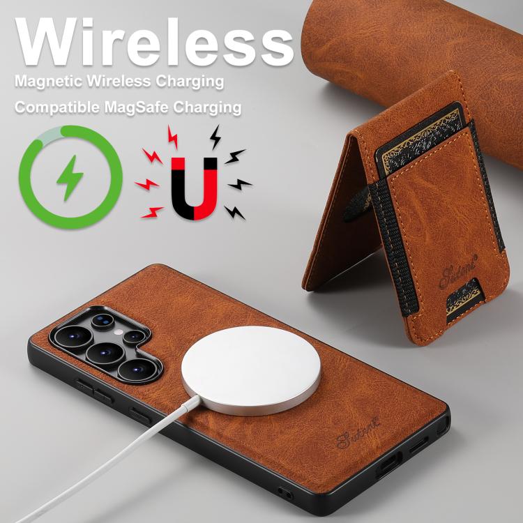 For Samsung Galaxy S25+ 5G Suteni H17 Litchi Texture Leather MagSafe Detachable Wallet Phone Case(Khaki) - Galaxy S25+ 5G Cases by Suteni | Online Shopping UK | buy2fix